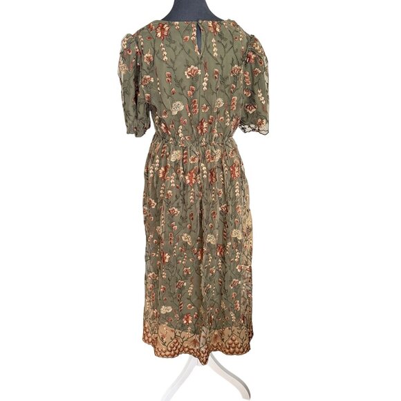 Deauville Maternity Floral Embroidered Midi Dress L Green Orange Lace Hem Short - Picture 5 of 7
